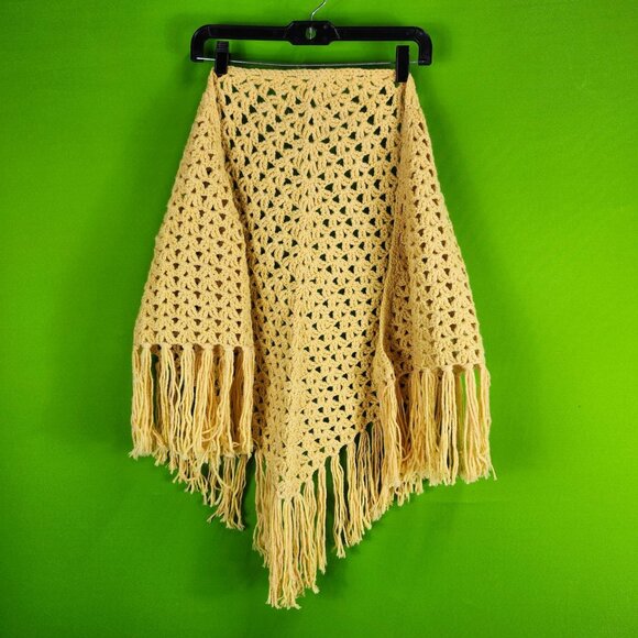 Handmade Mustard Yellow Crochet Triangle Shawl With Fringe - Picture 1 of 5